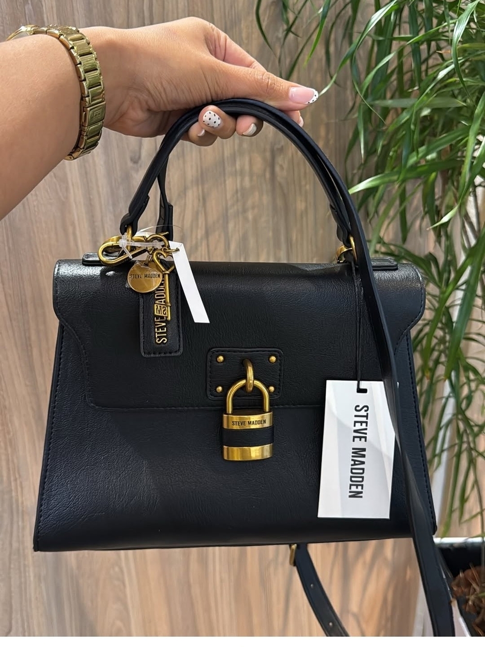 Steve Madden Black Leather Satchel with Gold Padlock Accent
